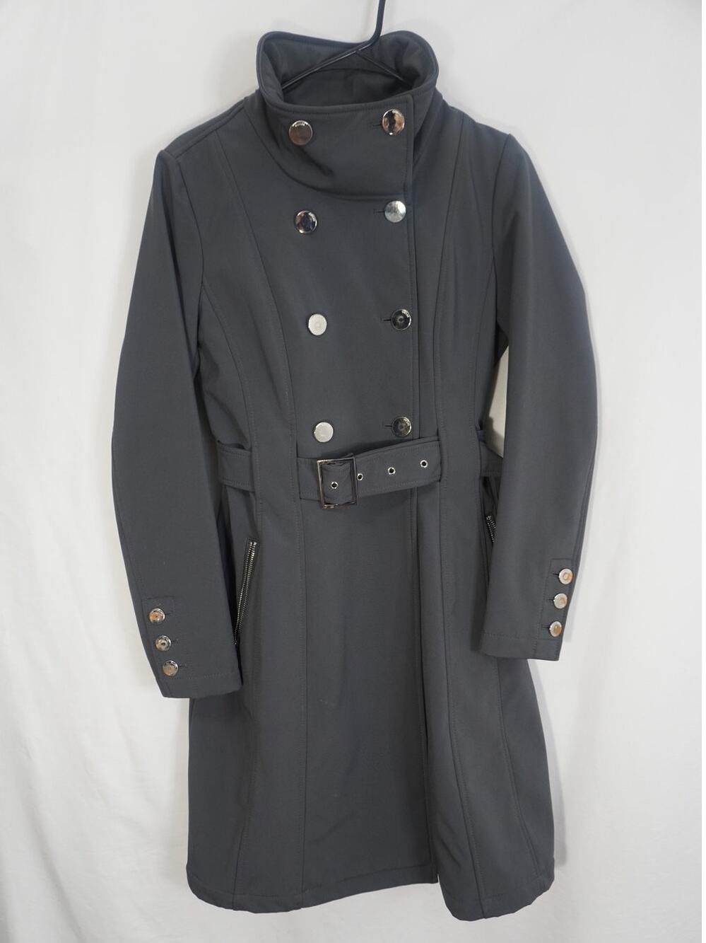 GUESS Black Belted Softshell Trench Coat Small Double Breasted Zip Pockets